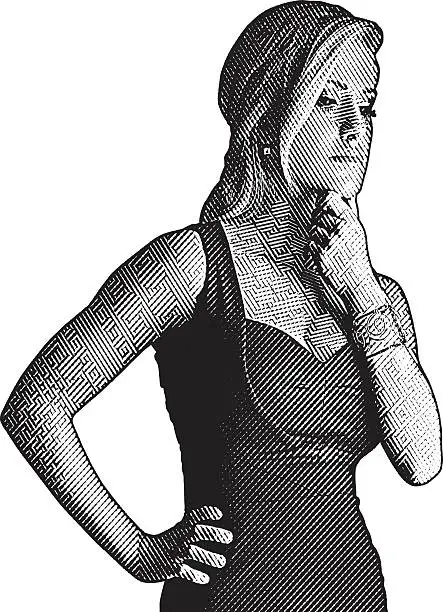 Vector illustration of Pensive Young Woman With Tattoos