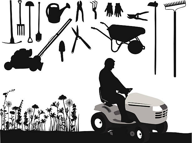 ilustrações, clipart, desenhos animados e ícones de fulllawnequipment - watering can shovel rake silhouette