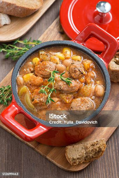 Delicious Vegetable Stew With Sausages In A Pan Top View Stock Photo - Download Image Now