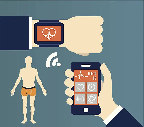 Vector illustration of Fitness application for health. Synchronization of devices