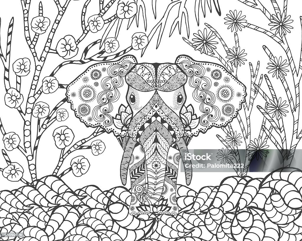 Elephant in fantasy garden Animals. Hand drawn doodle. Ethnic patterned illustration. African, indian, totem tatoo design. Sketch for avatar, tattoo, poster, print or t-shirt. Adult stock vector