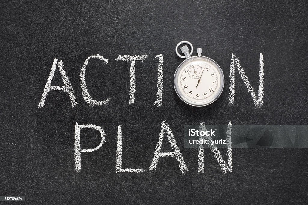 action plan watch action plan phrase handwritten on chalkboard with vintage precise stopwatch used instead of O Motion Stock Photo