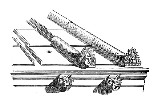 Antique illustration of ancient Greek shingles and antefixes (or antefixae) on a roof. Antefixes are vertical blocks at the end of the covering tiles of a tiled roof (usually of a monumental building). They can be richly carved, often with the anthemion ornament (palmette) or with figures or other ornament.