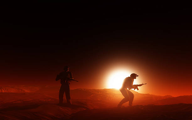 istock 3D soldiers in desert at sunset 512729334