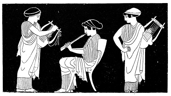 Antique illustration of ancient Greek women playing lyre and flute: two standing women are playing the lyre and in the middle there is a third sitting woman playing the flute (decoration from a painted vase)