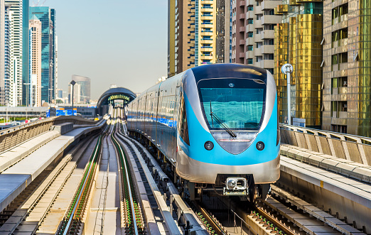 Metro train on the Red line in Dubai