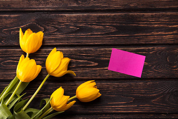 istock Purple tulip bouquet, blank greeting card and gift boxes. 512731108