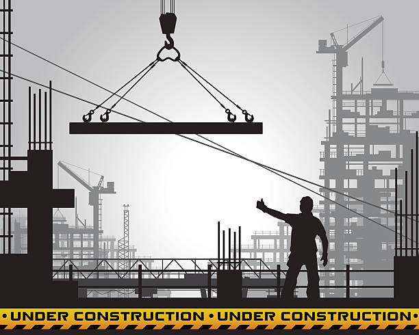 ilustraciones, imágenes clip art, dibujos animados e iconos de stock de edificio en construcción silueta. - single line metal industry construction
