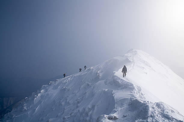 vier eiskletterer d. gipfel der berge - risk mountain climbing climbing conquering adversity stock-fotos und bilder