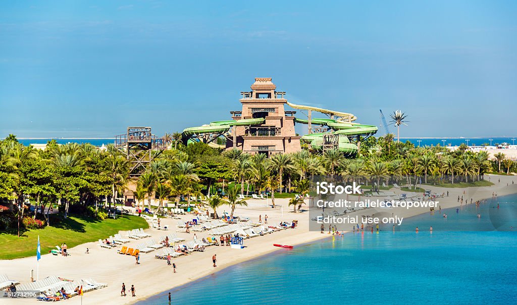 View of Aquaventure Waterpark on Palm Jumeira island, Dubai Dubai, UAE - December 31, 2015: Aquaventure Waterpark on December 31, 2015 in Dubai, UAE. Aquaventure Waterpark is situated on Palm Jumeira island Dubai Stock Photo