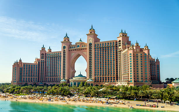 Atlantis hotel on Palm Jumeirah island, Dubai Dubai, UAE - December 31, 2015: Atlantis hotel on December 31, 2015 in Dubai, UAE. Atlantis the Palm is a luxury built on Jumeirah artificial island atlantis the palm stock pictures, royalty-free photos & images