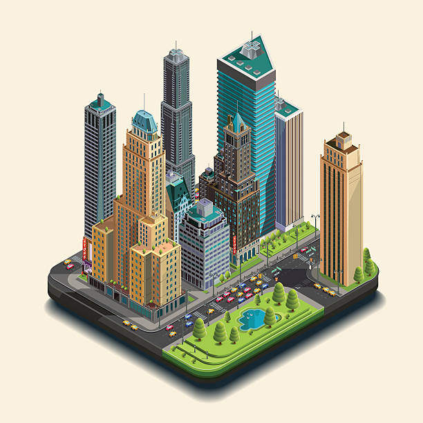 Isometric city, megapolis, vector concept 3d. Isometric city, 3d, skyscraper district  part of icons consisting of buildings.Center building and park in the downtown. Vector map design. tokyo streets stock illustrations
