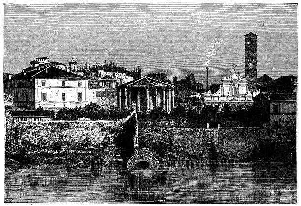 antyczne ilustracja widok od strony rzeki tyber (rzym-włochy) z zabytków - ancient rome illustration and painting engraving engraved image stock illustrations