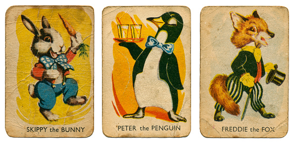 Three vintage playing cards for the game Donkey, from a pack of 35. Donkey is a children's game similar to Old Maid, and the cards shown include three of the featured animals: bunny (rabbit), penguin and fox. From a Clifford series dated 1950s. In many European countries, the game is called Black Peter. This particular pack has an animal theme, including Timothy the Tiger and Gertie the Goose.