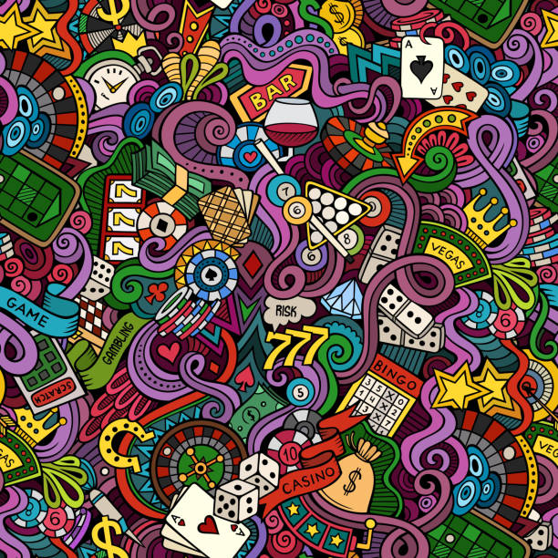 Cartoon hand-drawn doodles on the subject of casino style Cartoon hand-drawn doodles on the subject of casino style theme seamless pattern. Vector color background chinese checkers stock illustrations
