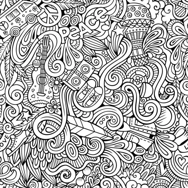 Vector illustration of Cartoon hand-drawn Doodles on the subject of Hippie style theme