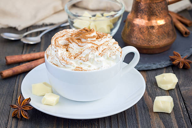 istock Hot white chocolate, decorated with whipped cream and cinnamon. 512736712