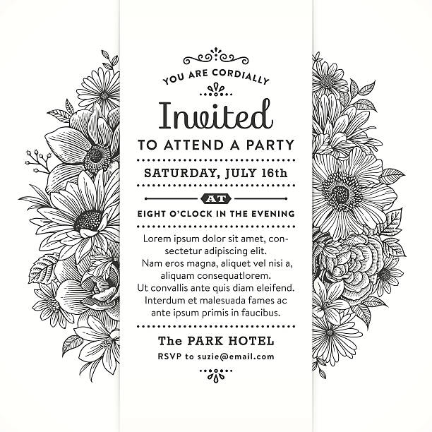 ilustrações, clipart, desenhos animados e ícones de preto e branco floral de convite - wedding invitation illustrations