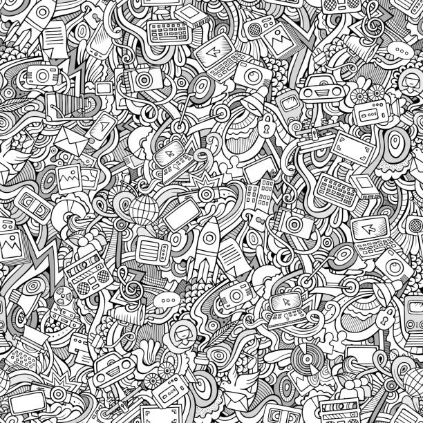 ilustraciones, imágenes clip art, dibujos animados e iconos de stock de dibujos animados de vector de garabatos los medios sociales, técnico, transporte patrón sin costuras. - repeating background video