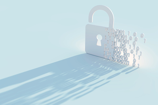 A 3D render of a padlock with binary data code. Digital and online security concept.