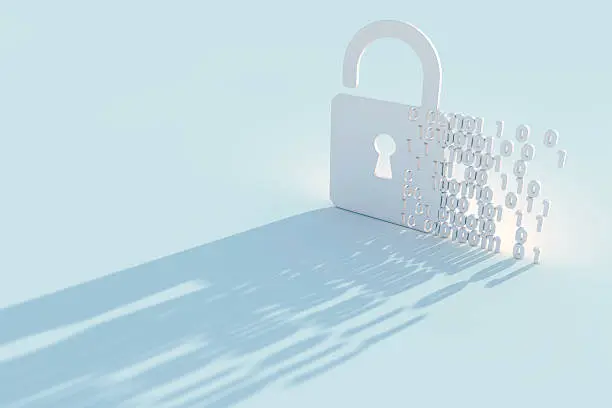 A 3D render of a padlock with binary data code. Digital and online security concept.