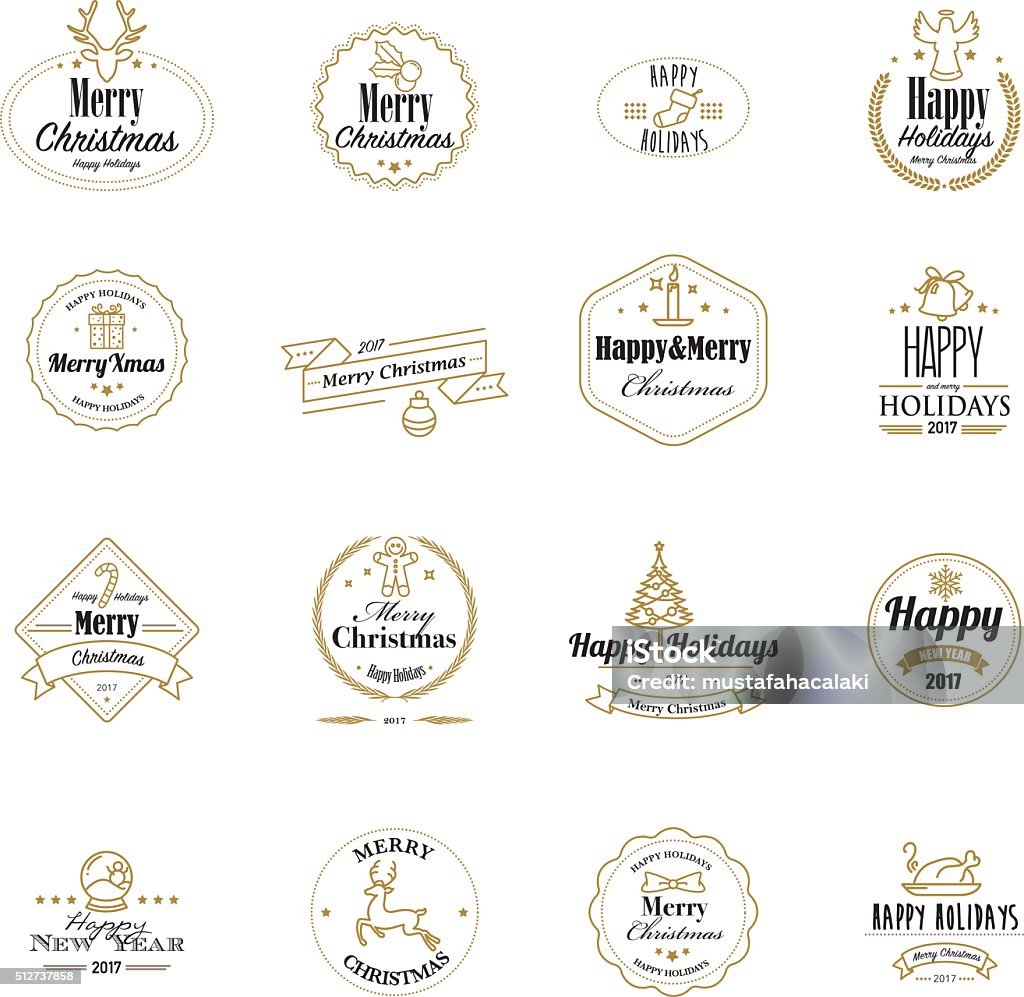 Golden christmas stamps with lineart icons Golden christmas stamps with lineart icons. Isolated on white background. Eps8. Icon Symbol stock vector