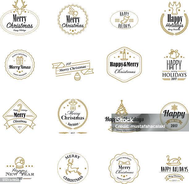 Golden Christmas Stamps With Lineart Icons Stock Illustration - Download Image Now - Icon Symbol, Label, Laurel Wreath