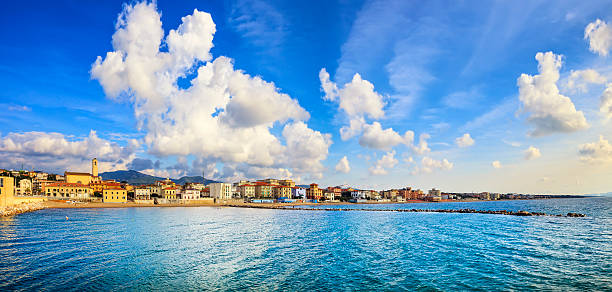 San Vincenzo beach and seafront panoramic view. Sea travel destination, Tuscany, Italy.