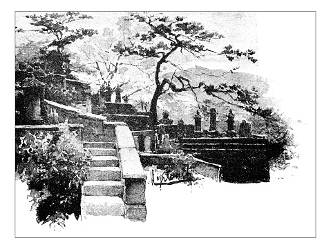 Antique dotprinted watercolor illustration of Japan: Cemetery