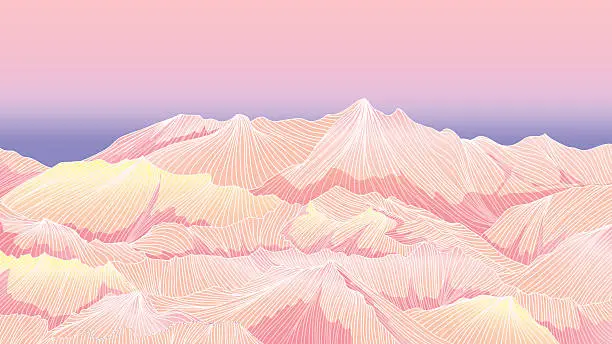 Vector illustration of Mountain landscape outline hand draw in pink theme