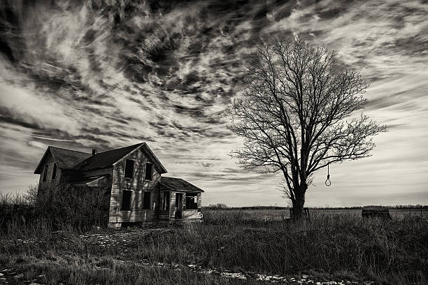 Creepy Old House Black and white photo of an old scary abandoned farm house that is deteriorating with time and neglect.  The scene is enhanced with an old tree and a hangman's noose topped off with a dark, angry sky. hangmans noose stock pictures, royalty-free photos & images