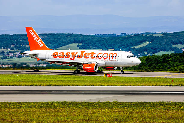 Spain, Palma, May 02, 2024 - Low angle view of starting Easyjet Airbus