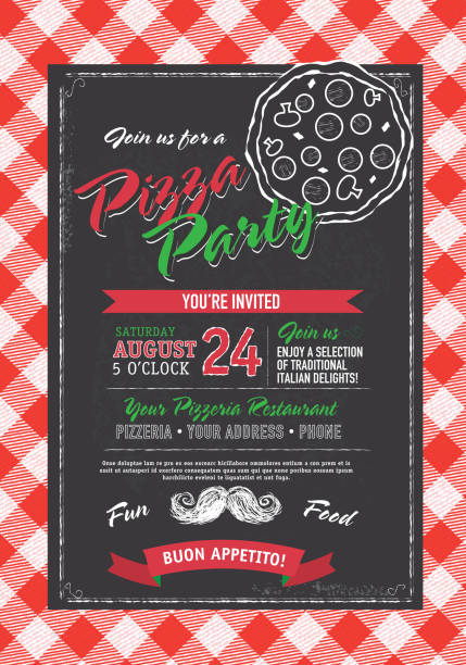 ilustraciones, imágenes clip art, dibujos animados e iconos de stock de pizza y plantilla de diseño de fiesta de cumpleaños invitación negro pizza blanca - pizza party