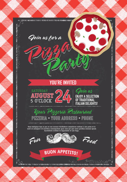 pizza a narozeninová oslava pozvánka design šablona červená šachovnice - italská kuchyně fotky stock ilustrace