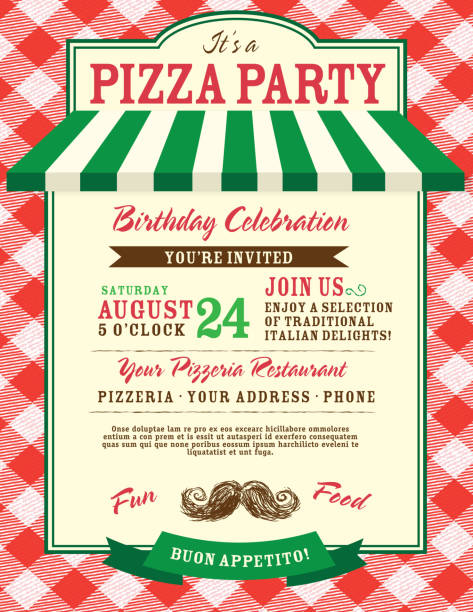 ilustraciones, imágenes clip art, dibujos animados e iconos de stock de pizza y invitación plantilla de diseño de fiesta de cumpleaños de grandes rojo - restaurant tablecloth