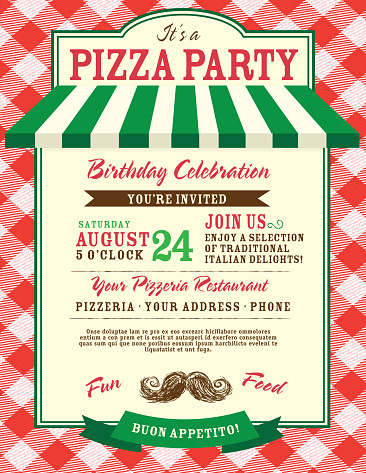 Pizza and birthday party invitation design template large red check