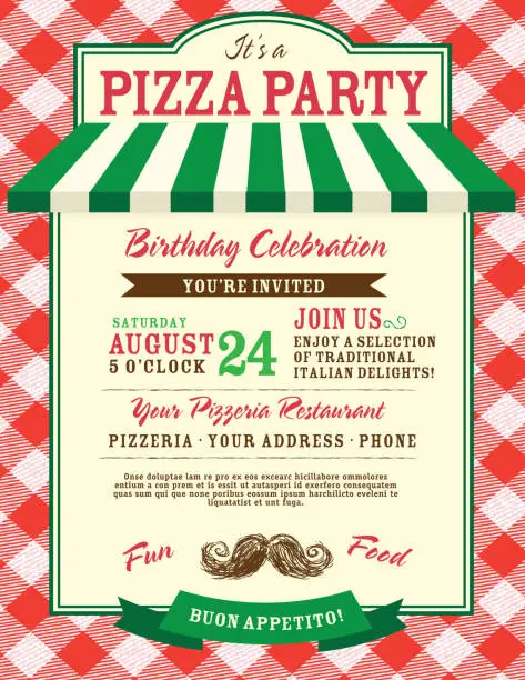 Vector illustration of Pizza and birthday party invitation design template large red check