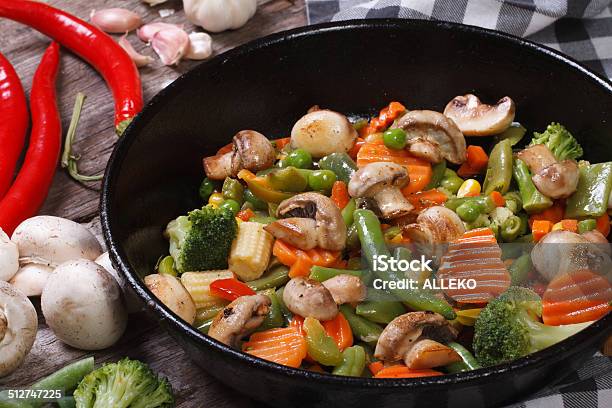 Fried Mushrooms With Vegetables In A Pan Closeup Stock Photo - Download Image Now - Asian Culture, Asian Food, Backgrounds