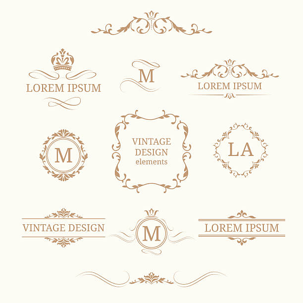 Set of elegant floral monograms and borders Elegant floral monograms and borders. Design templates for invitations, menus, labels. Wedding monograms. Calligraphic elegant ornament. Monogram identity for restaurant, hotel, heraldic, jewelry. vintage gold jewelry stock illustrations