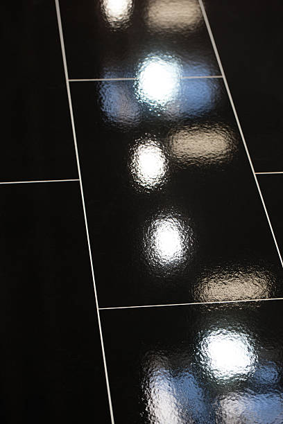 istock Lamps are reflected in the black tiled floor 512750389
