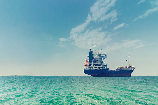 Aerial view of a cargo ship in calm blue waters