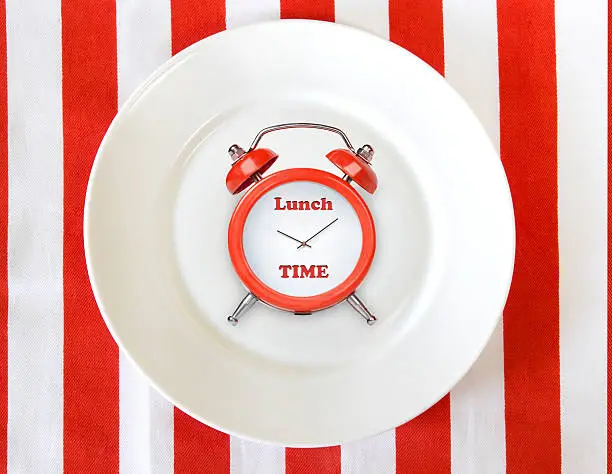 Alarm clock on white plate.Lunch time concept background.Dinner meal break conceptual icon.