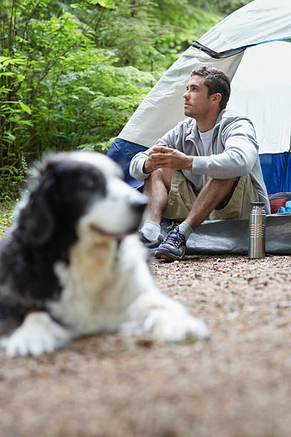 istock Man By Tent With Blurred Dog In Foreground 512753567
