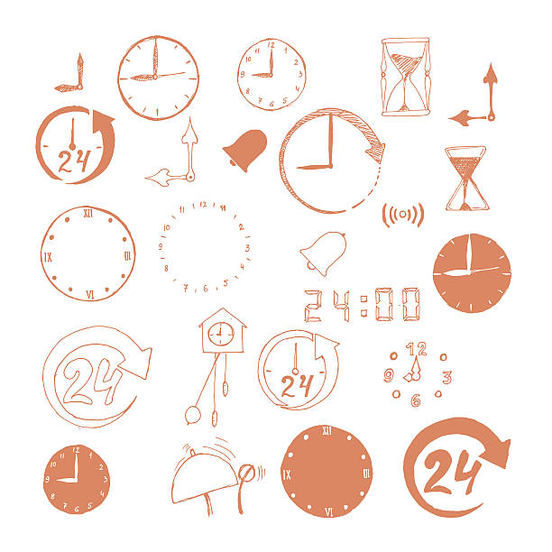 vektor-set skizze zeit symbole - clock number 7 clock face watch stock-grafiken, -clipart, -cartoons und -symbole