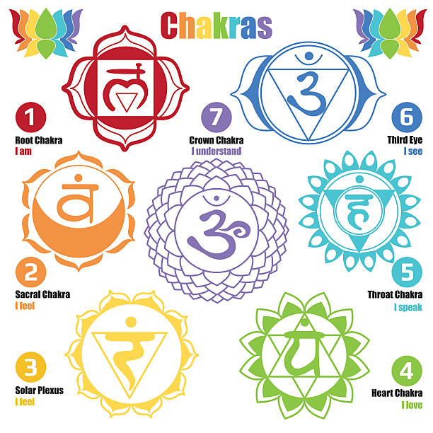 ilustraciones, imágenes clip art, dibujos animados e iconos de stock de los siete chakras - tantric buddhism