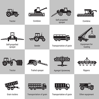 vector black agricultural transport icons set on white. Agricultural Machinery collection - vector. Illustration of growing and harvesting crops. Equipment for agriculture.