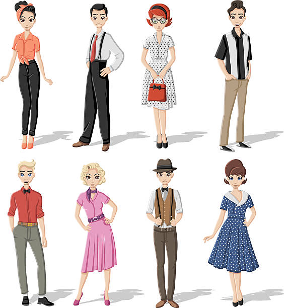 Group of retro people Group of retro people wearing vintage clothes. 1940s style stock illustrations