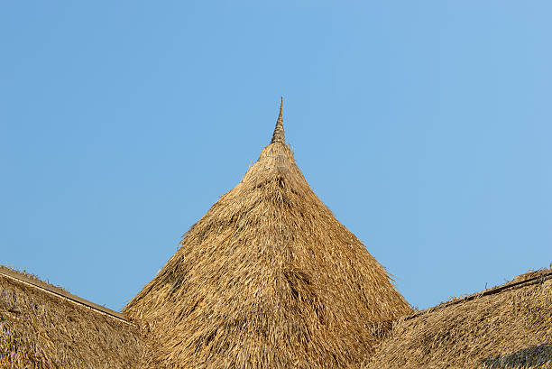 Part straw roof Part straw roof against blue sky. thatched roof hut straw grass hut stock pictures, royalty-free photos & images