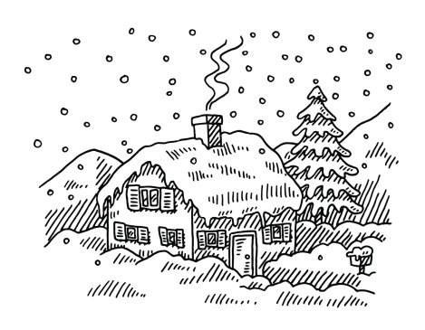 Hand-drawn vector drawing of a Snowcapped House in Winter, it's Snowing. Black-and-White sketch on a transparent background (.eps-file). Included files are EPS (v10) and Hi-Res JPG.