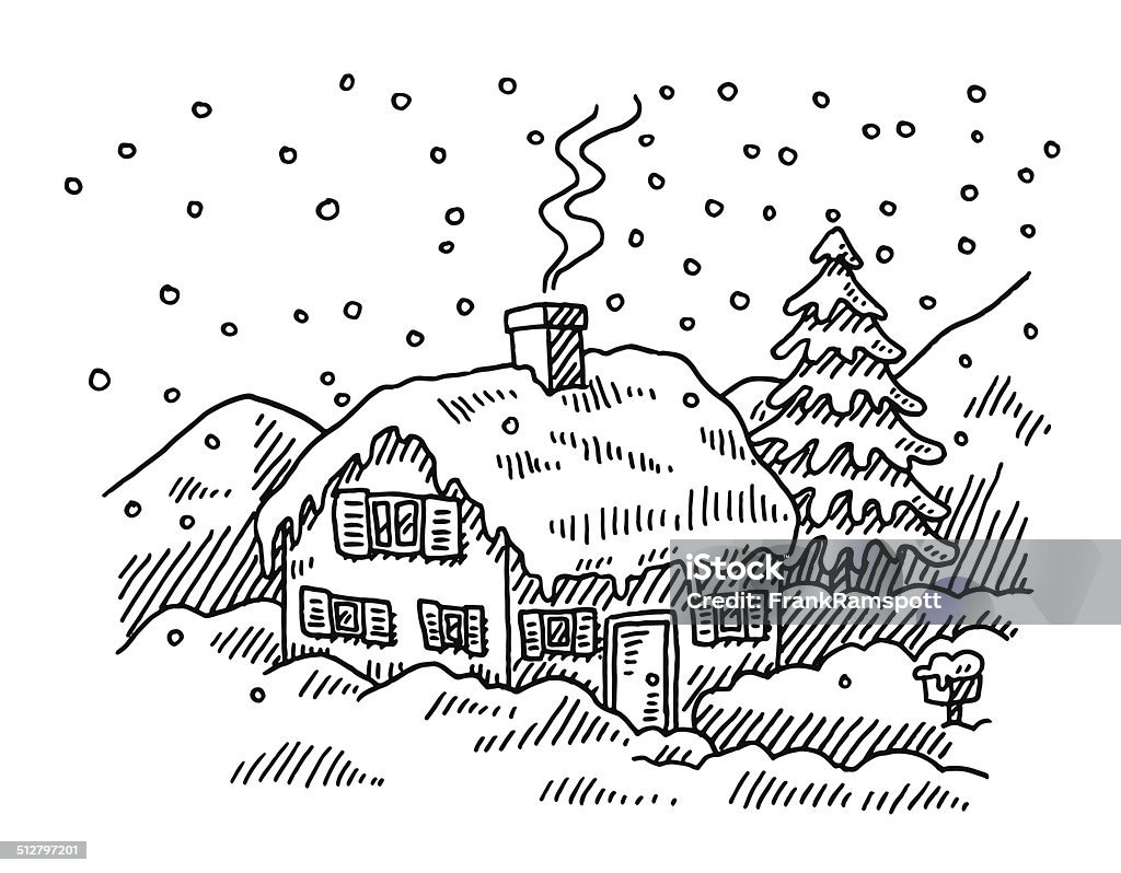 House Winter Snowing Drawing Hand-drawn vector drawing of a Snowcapped House in Winter, it's Snowing. Black-and-White sketch on a transparent background (.eps-file). Included files are EPS (v10) and Hi-Res JPG. Black And White stock vector